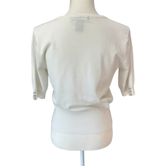 GRACE Sweater Womens M White Short Sleeve Cardigan Faux Pearl Buttons - Picture 3 of 9